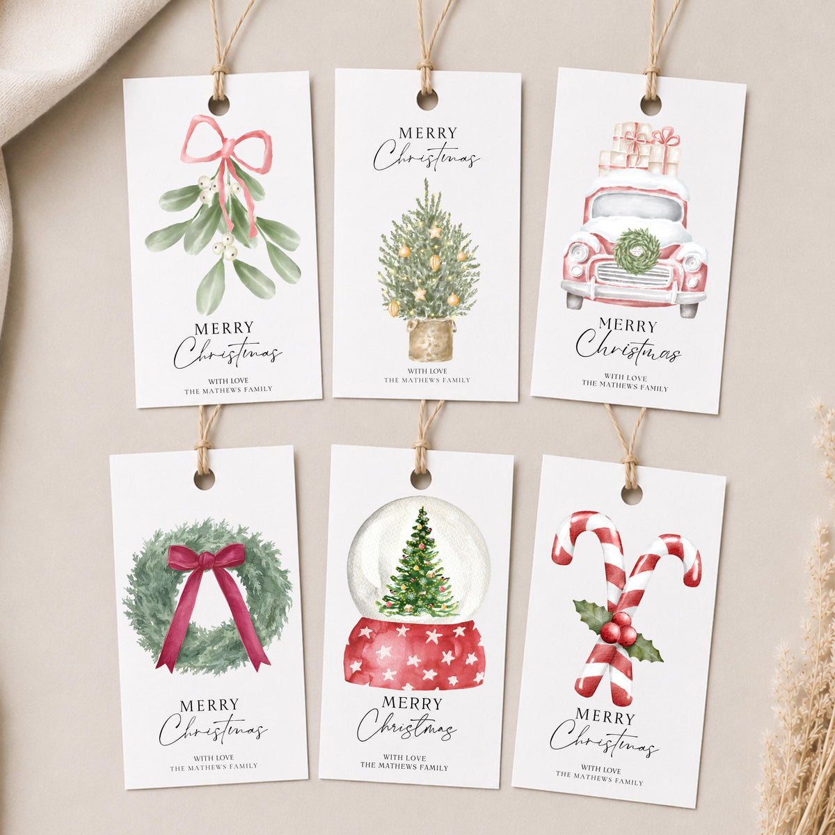 Personalised Christmas Gift Tags Pack of 6, Festive Designs with Jute Tassels