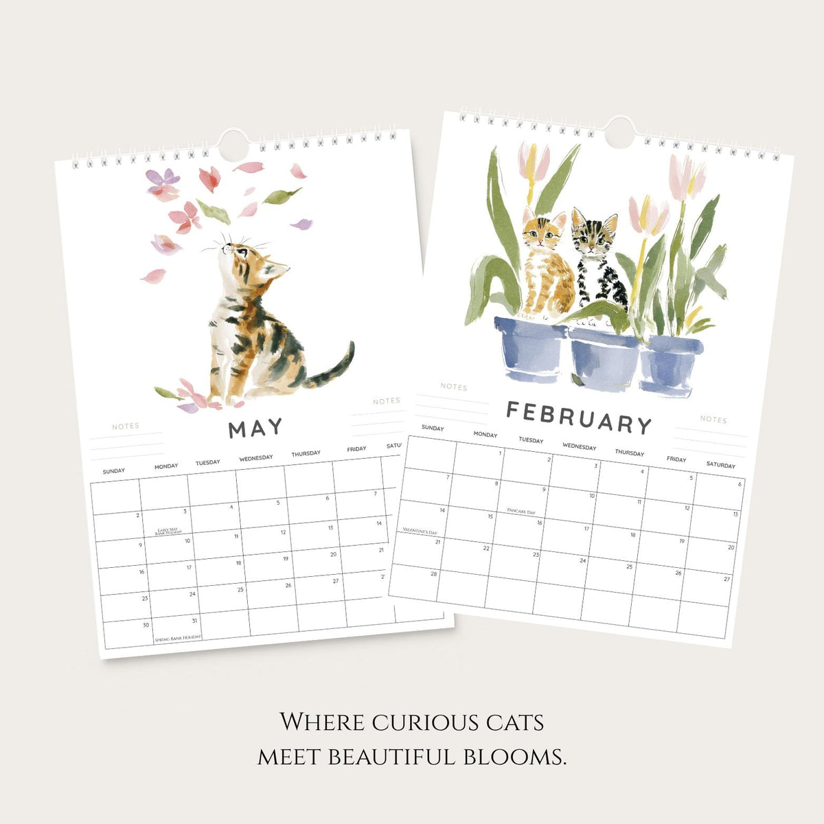 2027 Floral Cat Wall Calendar: A4 Botanical Watercolour Art, Gift for Cat Lovers