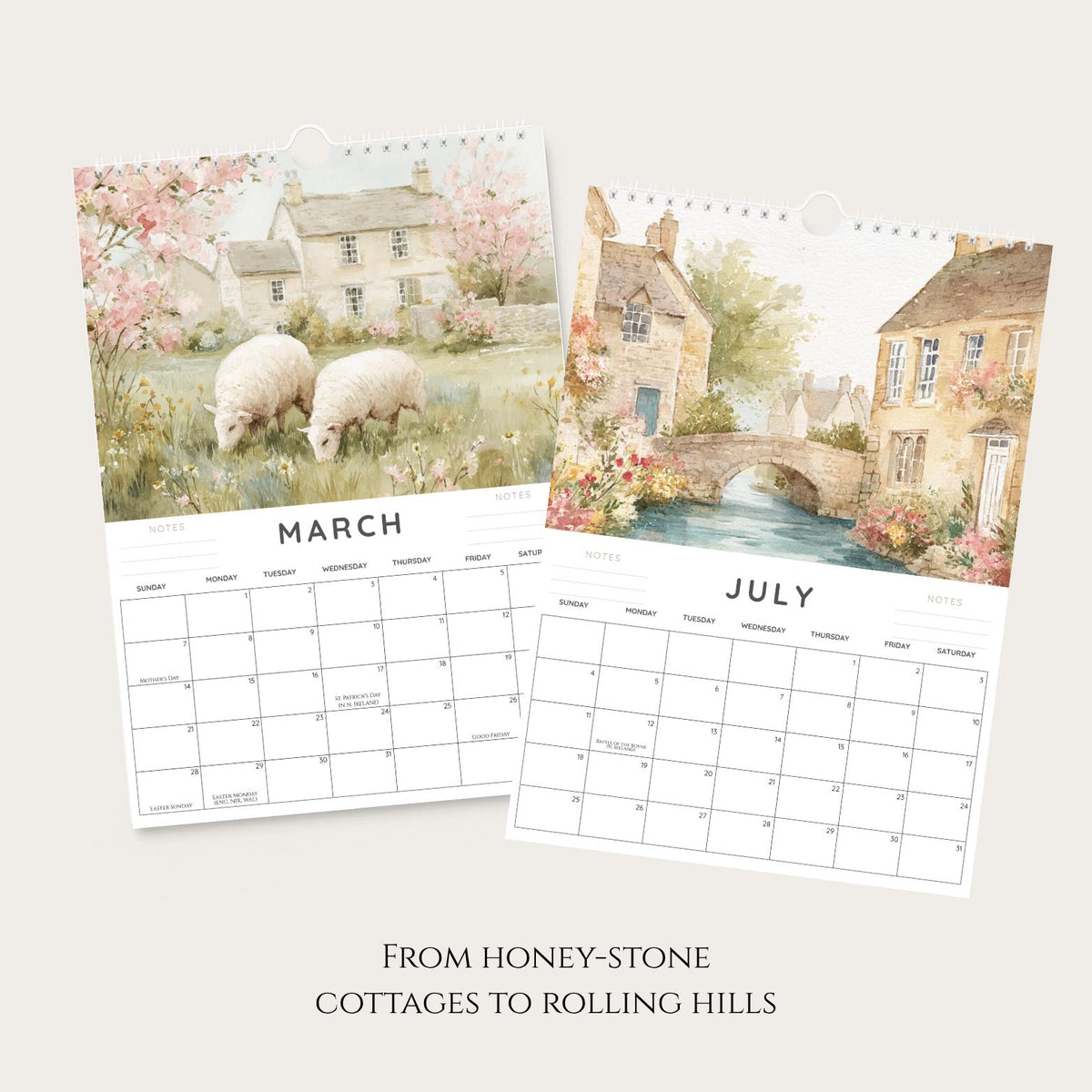 Cotswolds 2027 Watercolour Wall Calendar, A4 with UK Holidays