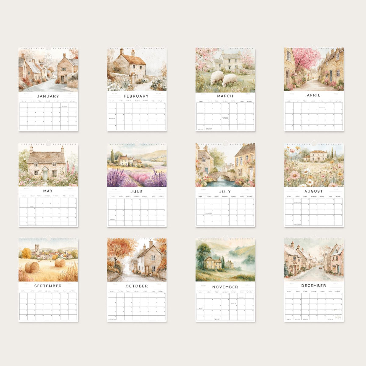 Cotswolds 2027 Watercolour Wall Calendar, A4 with UK Holidays