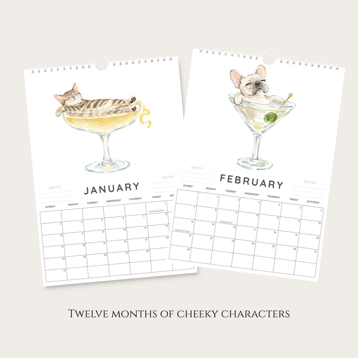 2027 A4 Dog & Cat Wall Calendar, Funny Cocktail Watercolour Art