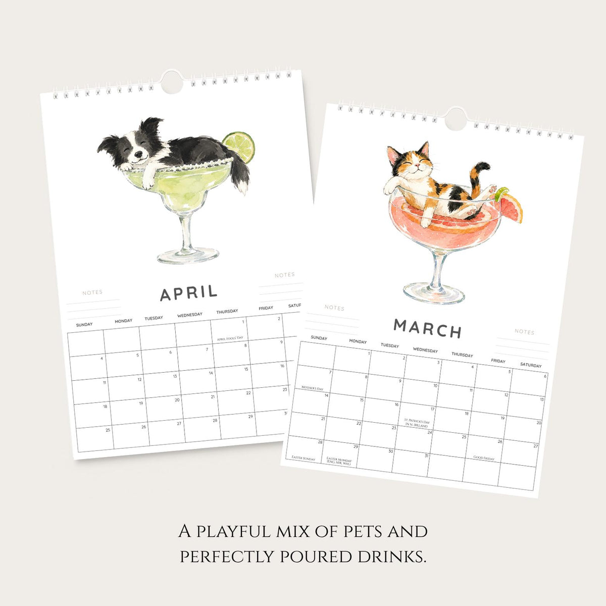2027 A4 Dog & Cat Wall Calendar, Funny Cocktail Watercolour Art