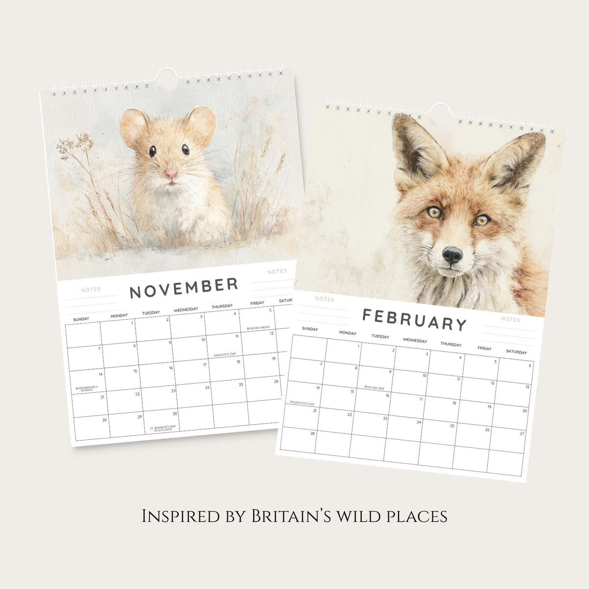 2027 A4 British Wildlife Wall Calendar, Watercolour Animals & Birds