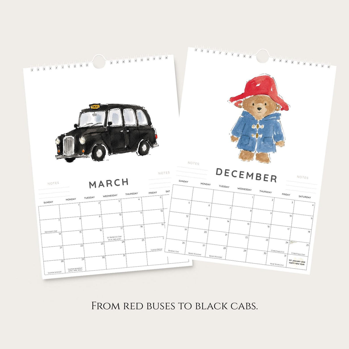 2027 A4 London Icons Wall Calendar, Watercolour & Ink Illustration