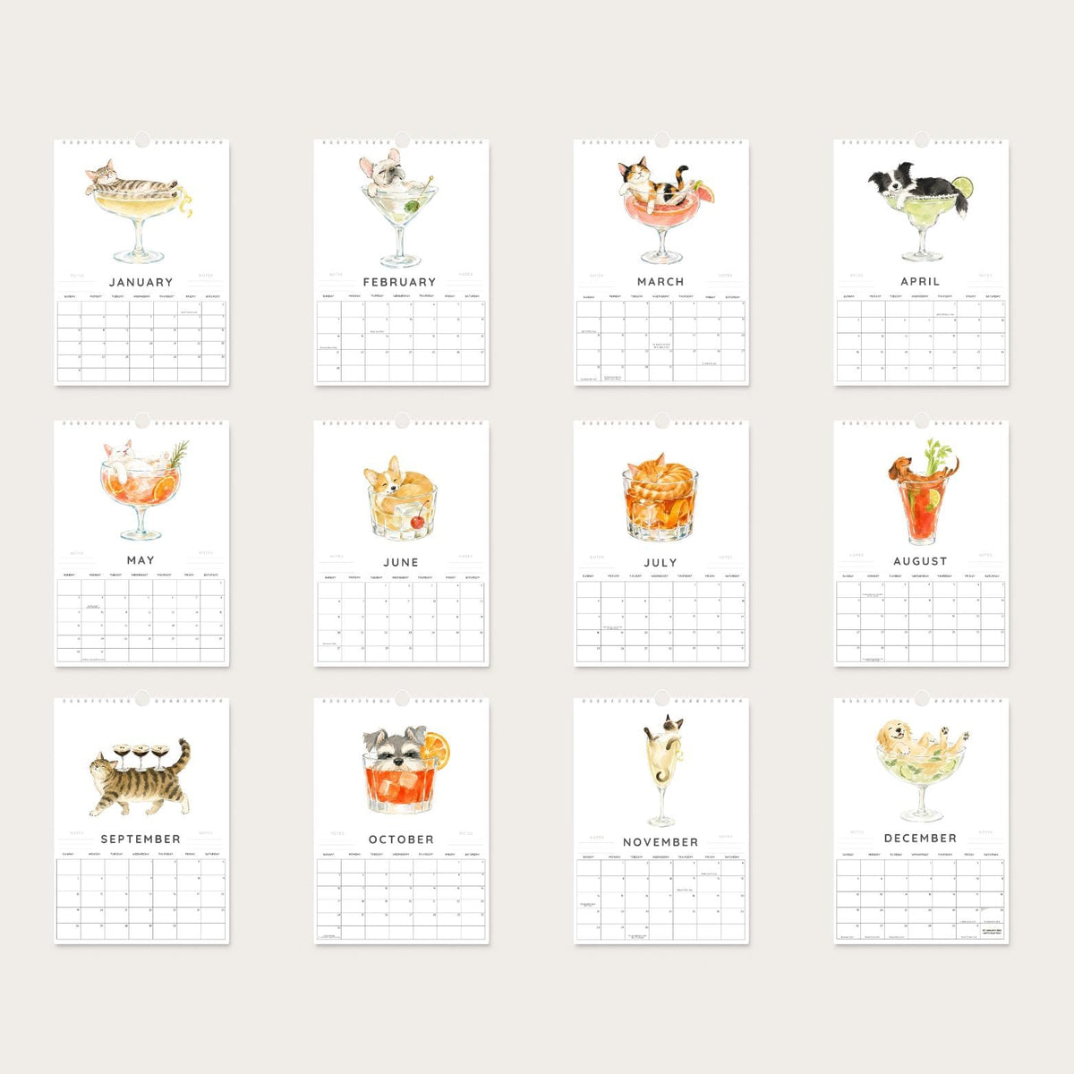 2027 A4 Dog & Cat Wall Calendar, Funny Cocktail Watercolour Art