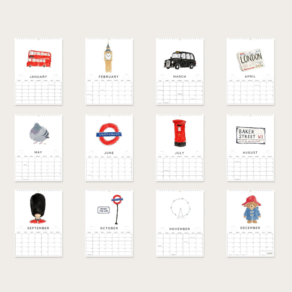 2027 A4 London Icons Wall Calendar, Watercolour & Ink Illustration