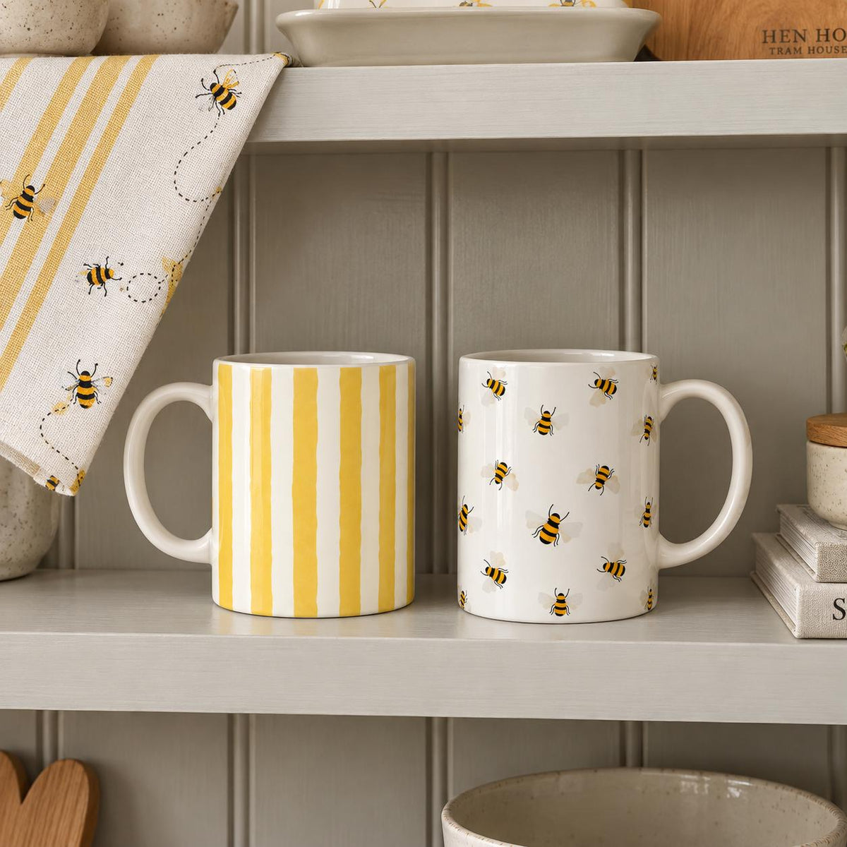 Bumble Bee & Mustard Stripe Ceramic Mug Set (11oz)