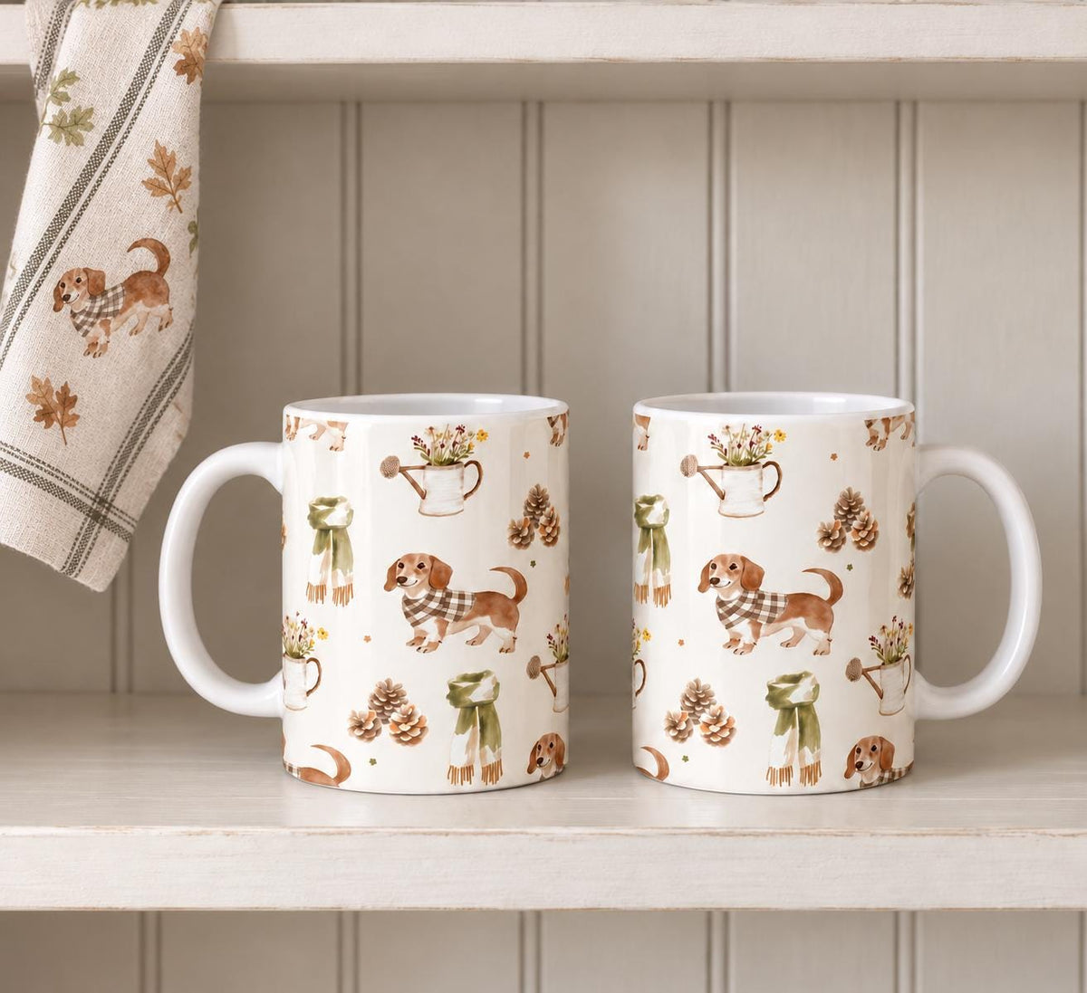 Dachshund Mug Set of 2, 11oz Ceramic Sausage Dog Mugs, Country Dog Lover Gift