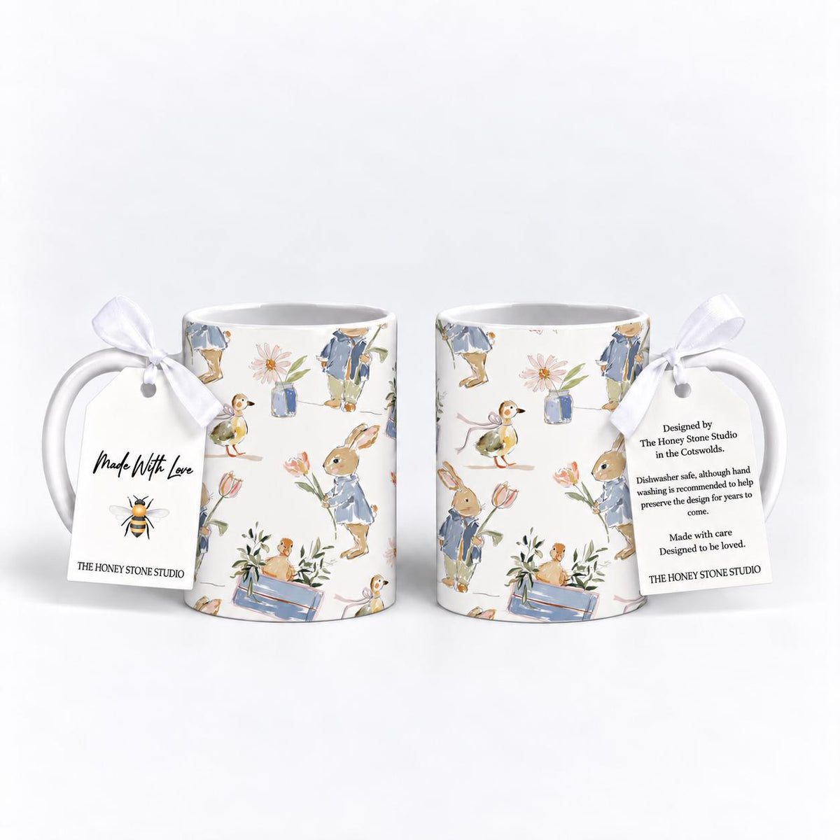 Rabbit and Duckling Mug Set of 2, 11oz Ceramic Country Garden Mugs, Cottagecore Gift