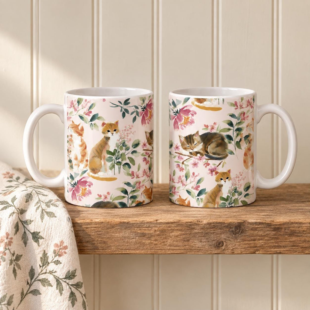 Floral Cat Mug Set of 2, 11oz Ceramic Pink Botanical Mugs, Cat Lover Gift