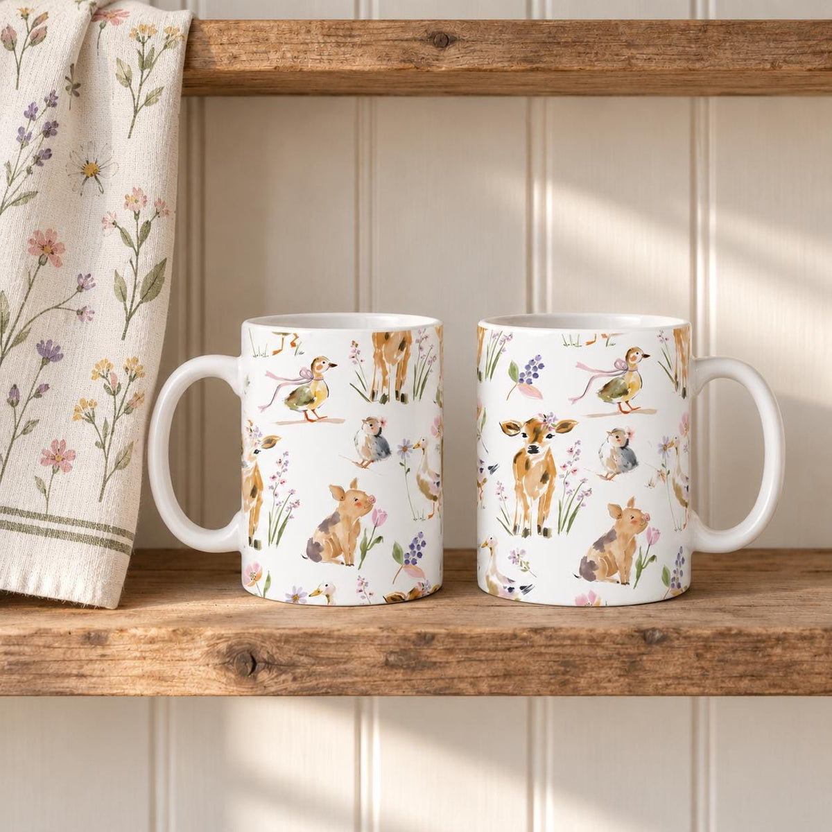 Farm Animal Mug Set, 11oz Ceramic Cow Rabbit Duck Lamb Mugs (Set of 2)