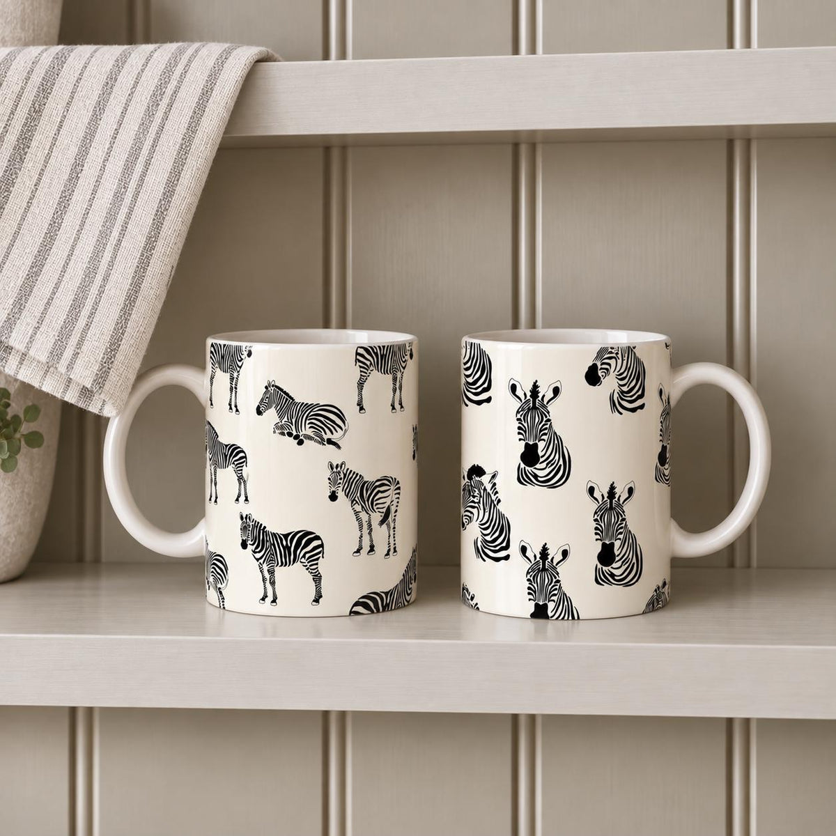 Zebra Mug Set of 2, 11oz Ceramic Animal Print, Countryside Kitchen Gift