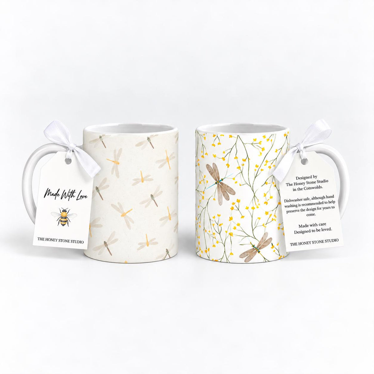 Dragonfly Mug Set of 2, 11oz Ceramic Floral Nature Mugs, Cottage Garden Gift
