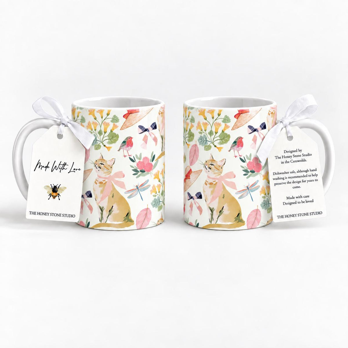 Ginger Cat Mug Set of 2, 11oz Ceramic Floral Garden Mugs, Cat Lover Gift