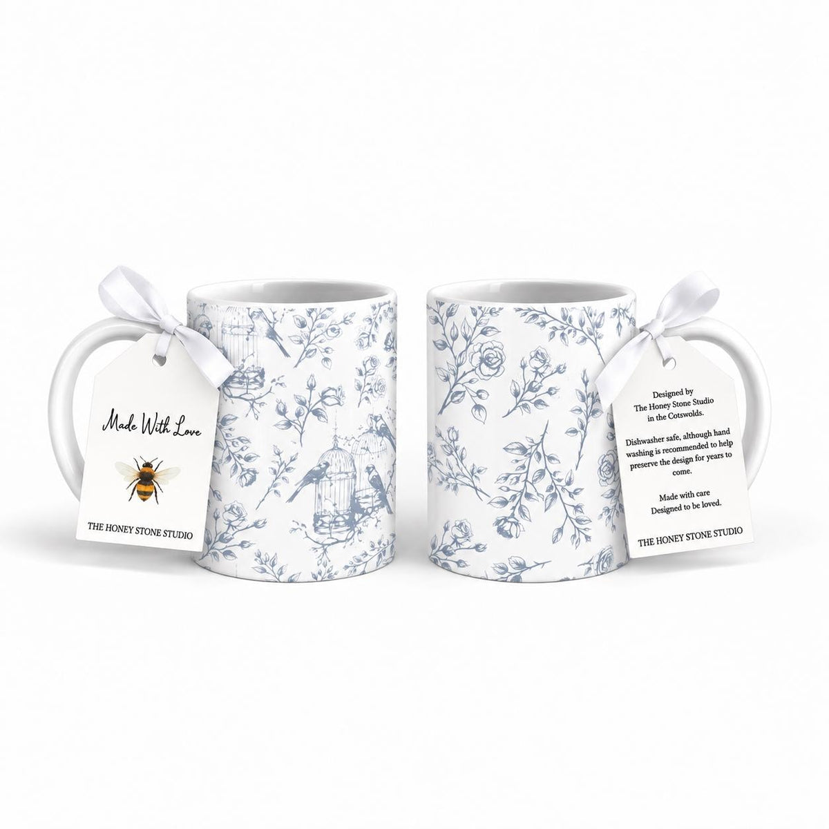 Blue Toile Bird Mug Set, 11oz Ceramic Country Kitchen Gift (Set of 2)