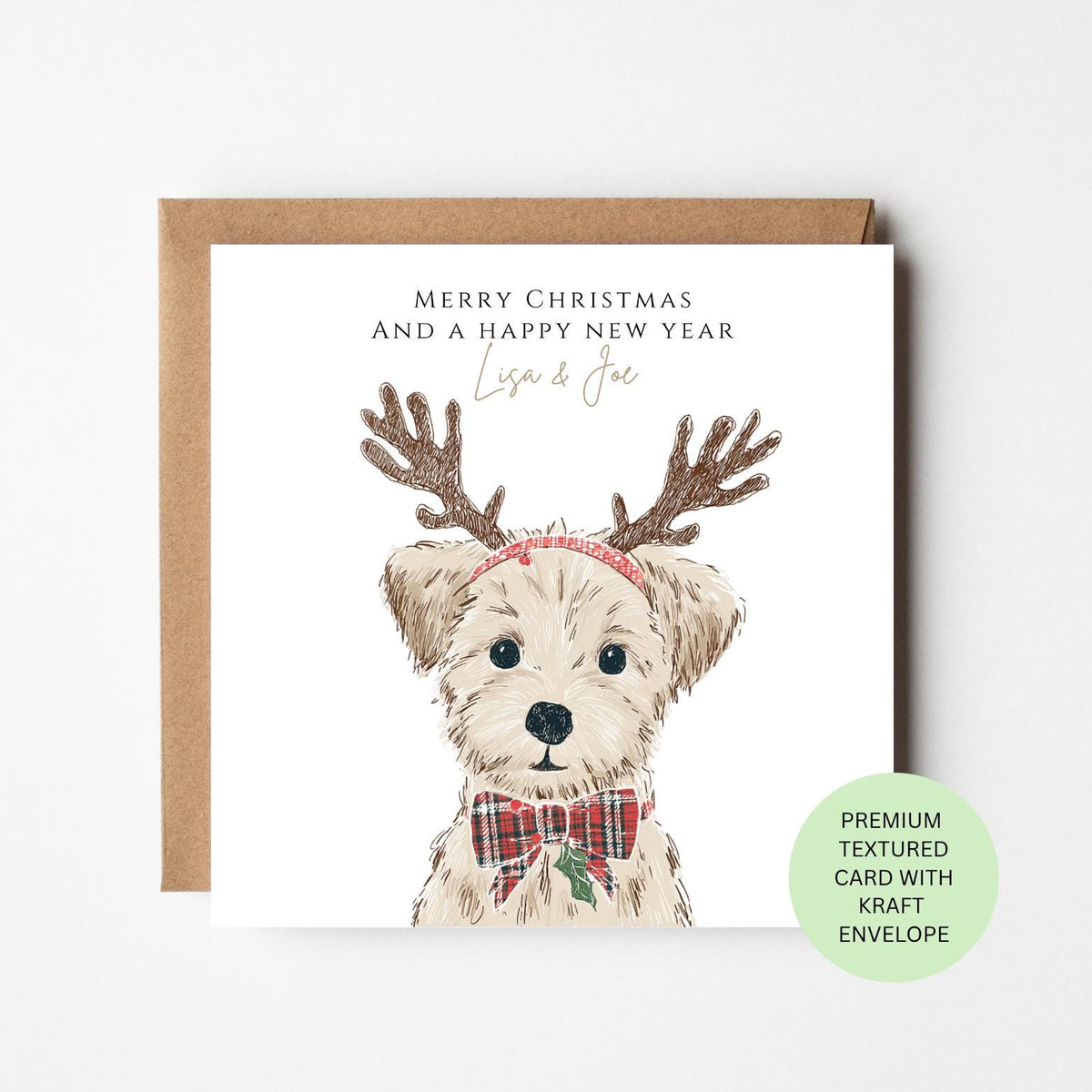 Personalised Terrier with Reindeer Antlers Christmas Card