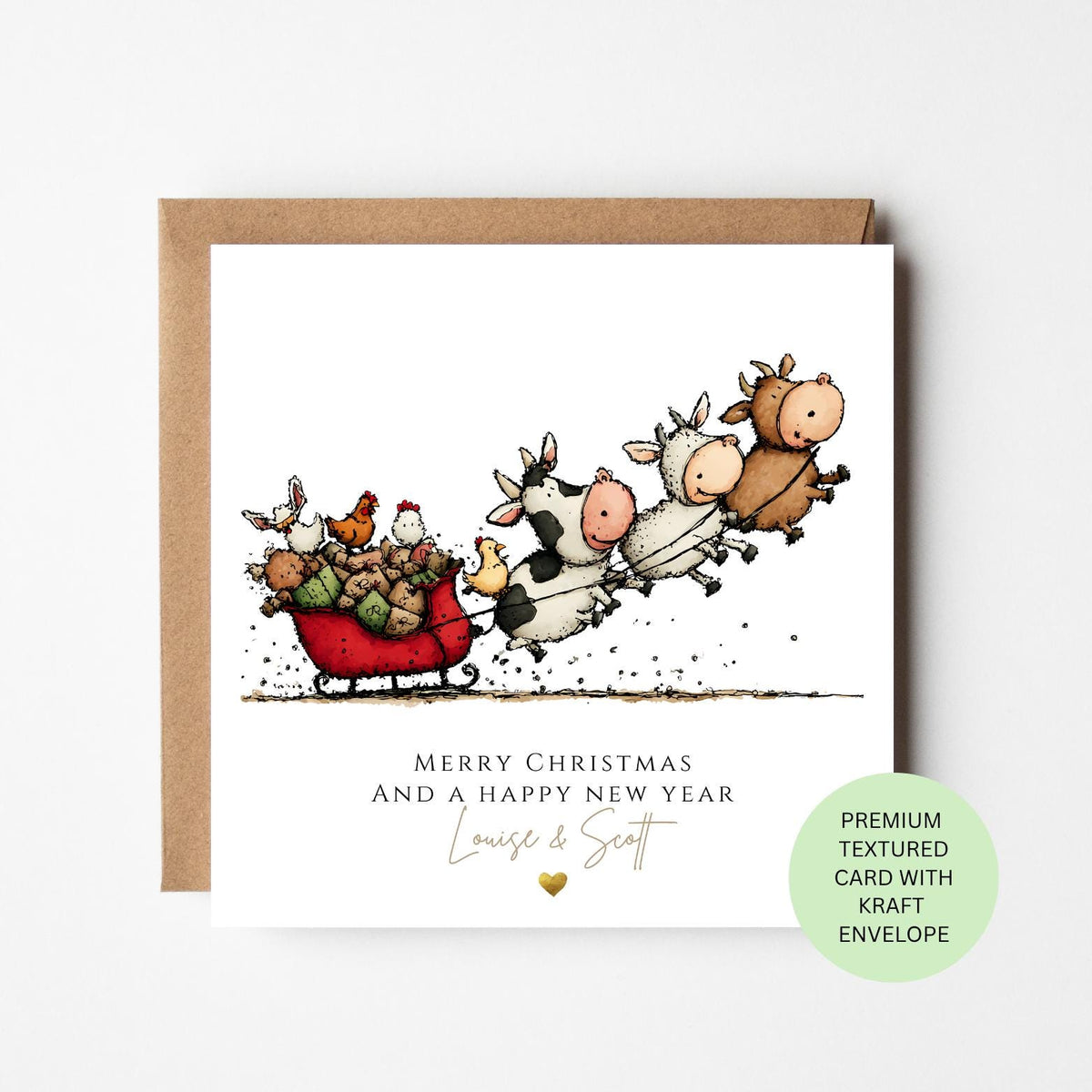Personalised Farm Animals Pulling a Christmas Sleigh Card