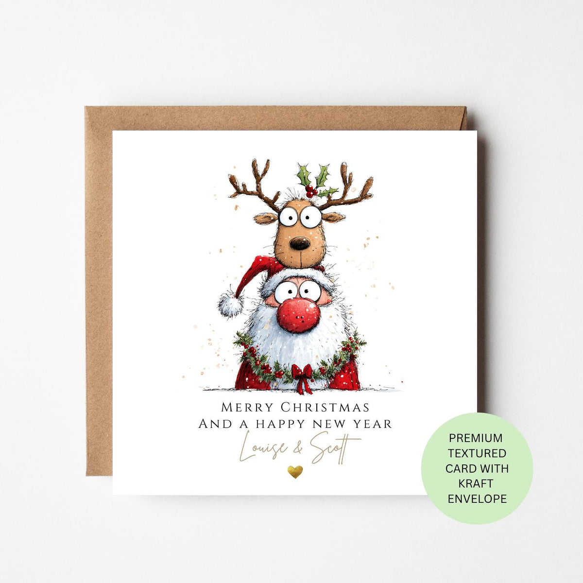 Personalised Funny Santa and Reindeer Stack Christmas Card