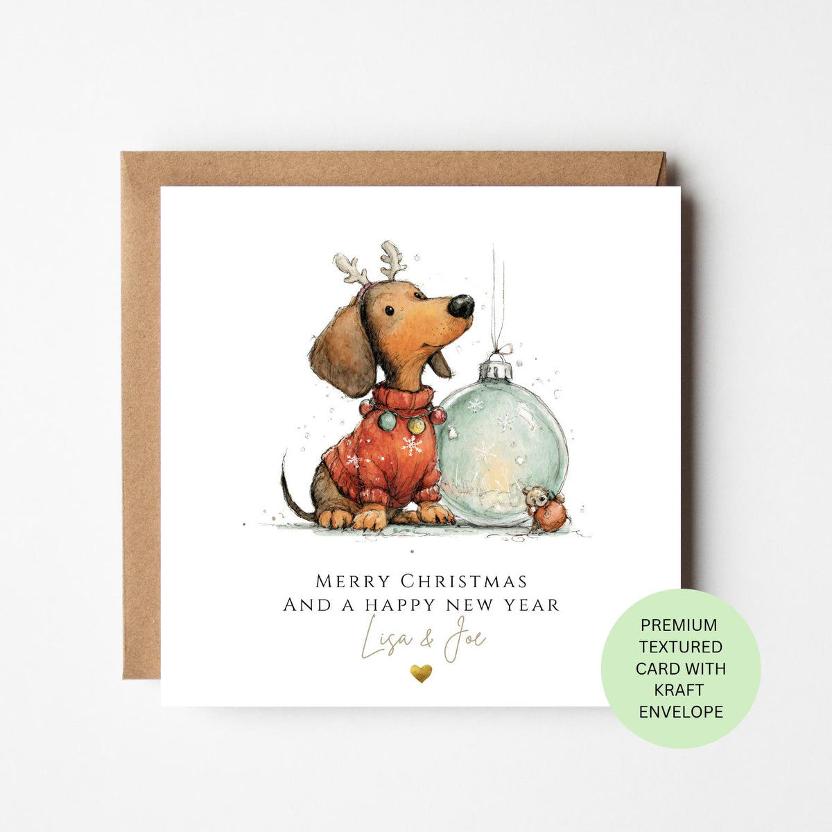 Personalised Dachshund Beside a Giant Bauble Christmas Card