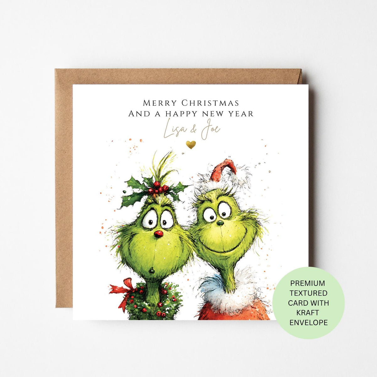 Personalised Two Green Christmas Grouches Card