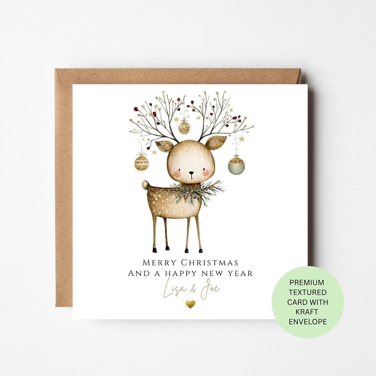 Personalised Reindeer with Antlers and Greenery Christmas Card