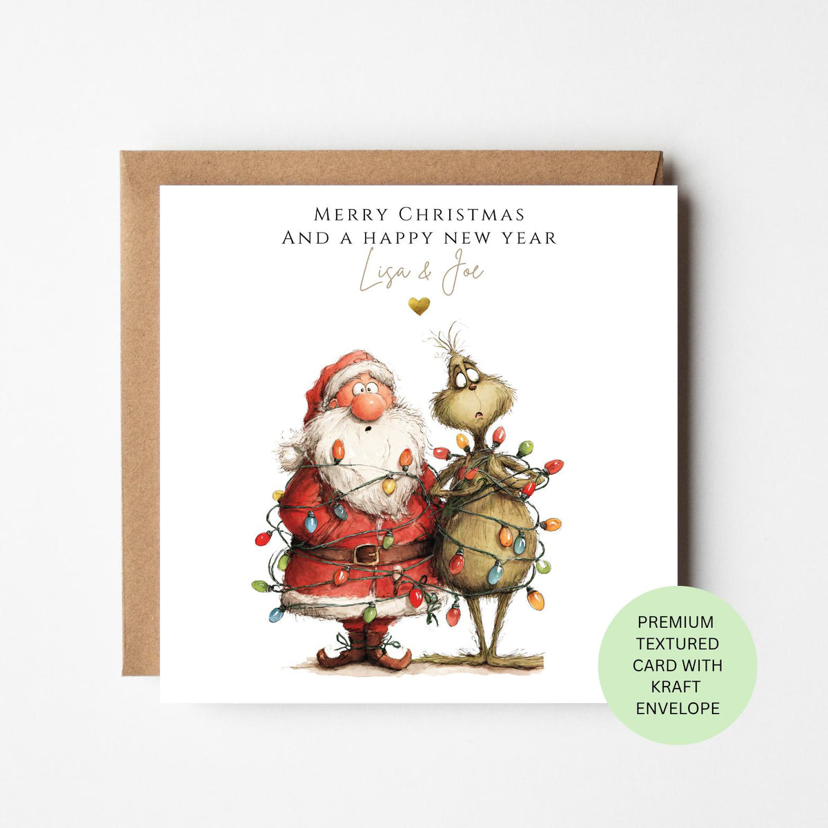 Personalised Santa and a Green Grouch Tangled in Lights Christmas Card