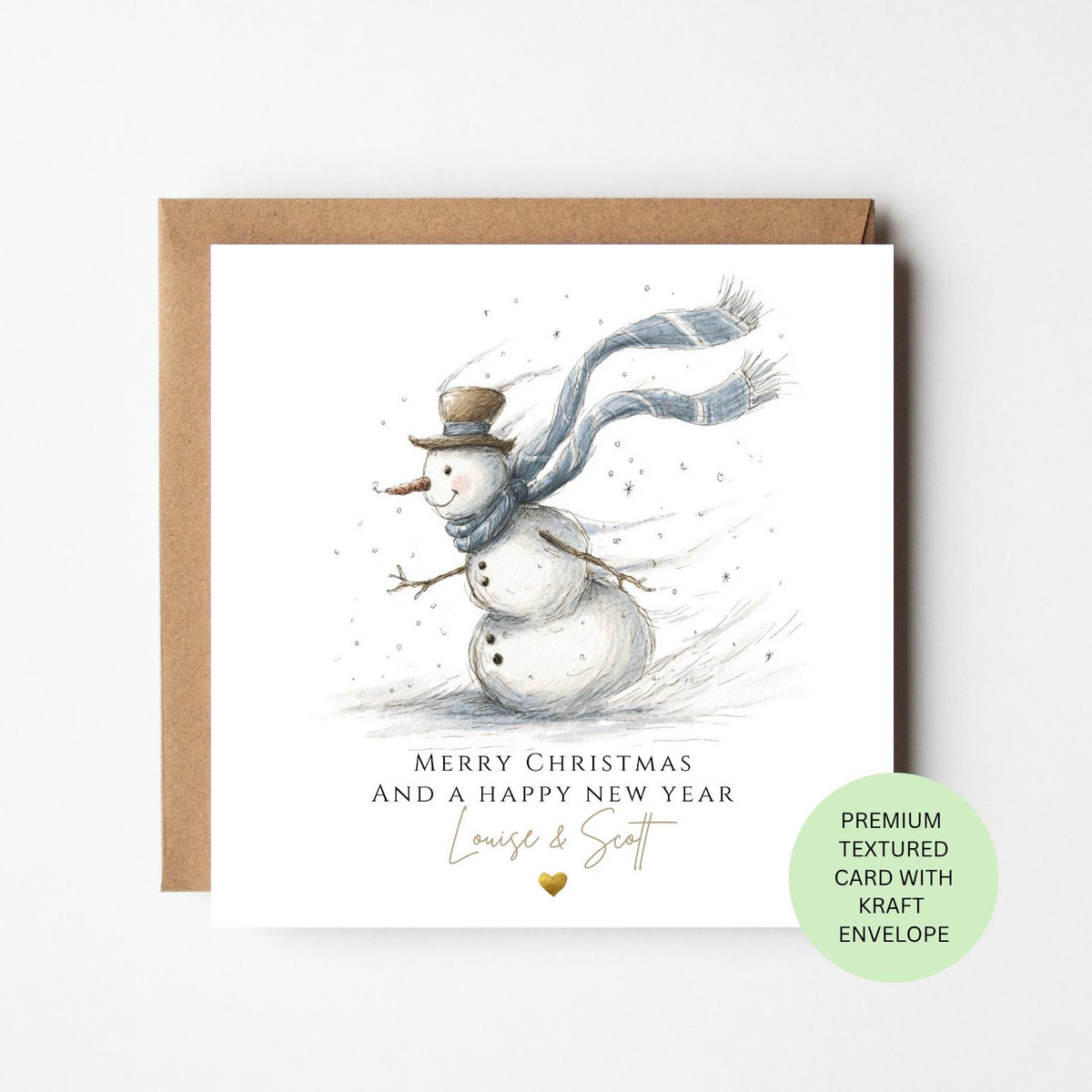 Personalised Snowman with a Long Blue Scarf Christmas Card