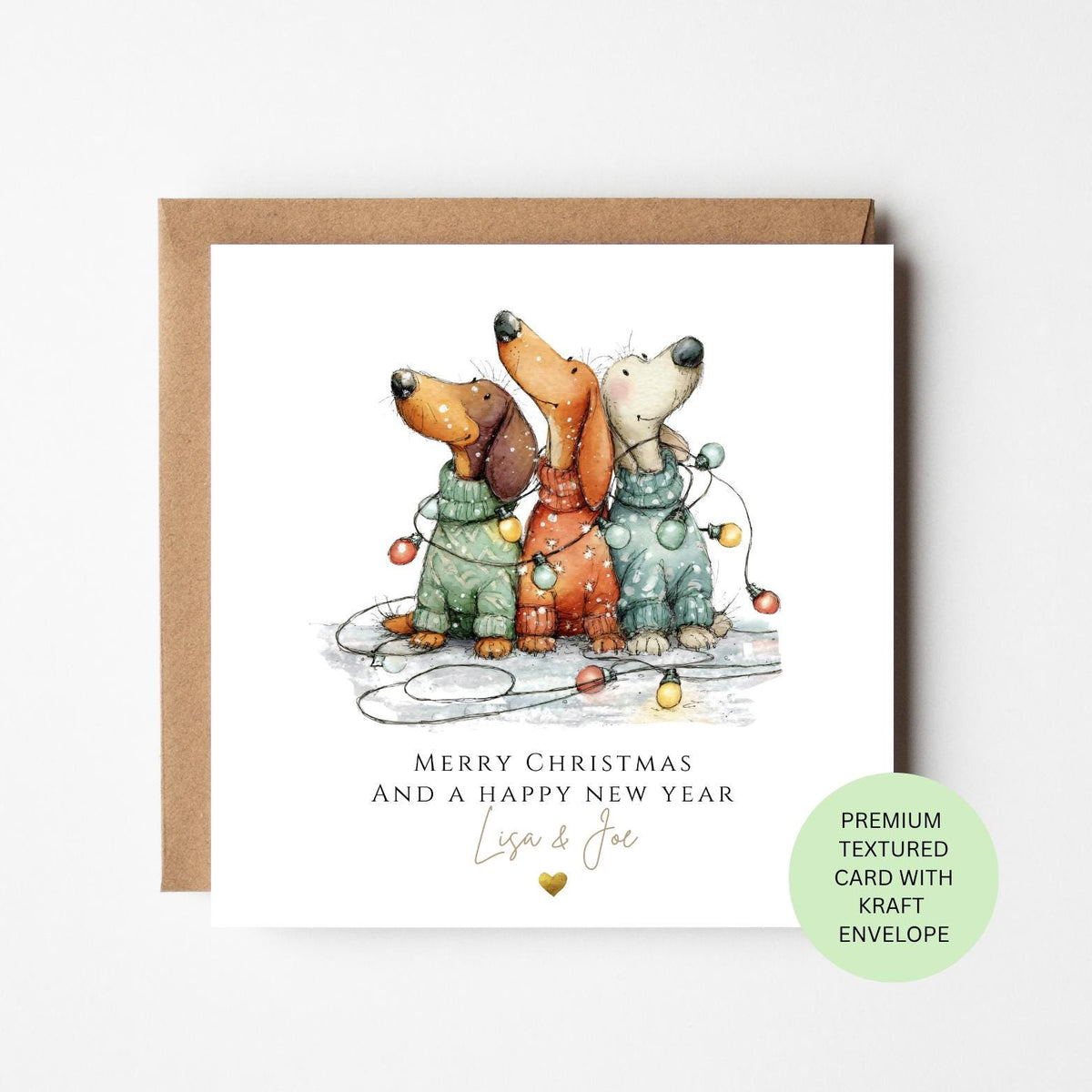 Personalised Three Dachshunds in Christmas Jumpers Card