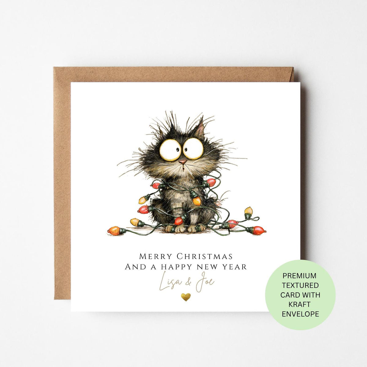 Personalised Fluffy Black Cat Tangled in Fairy Lights Christmas Card
