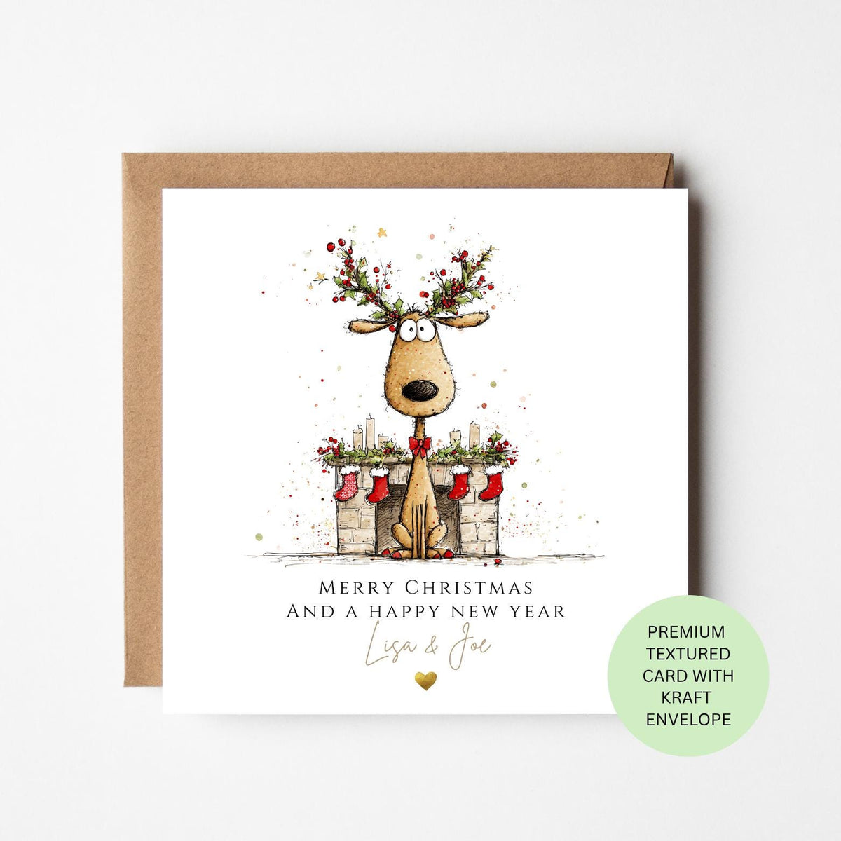 Personalised Reindeer Behind a Christmas Mantel Card
