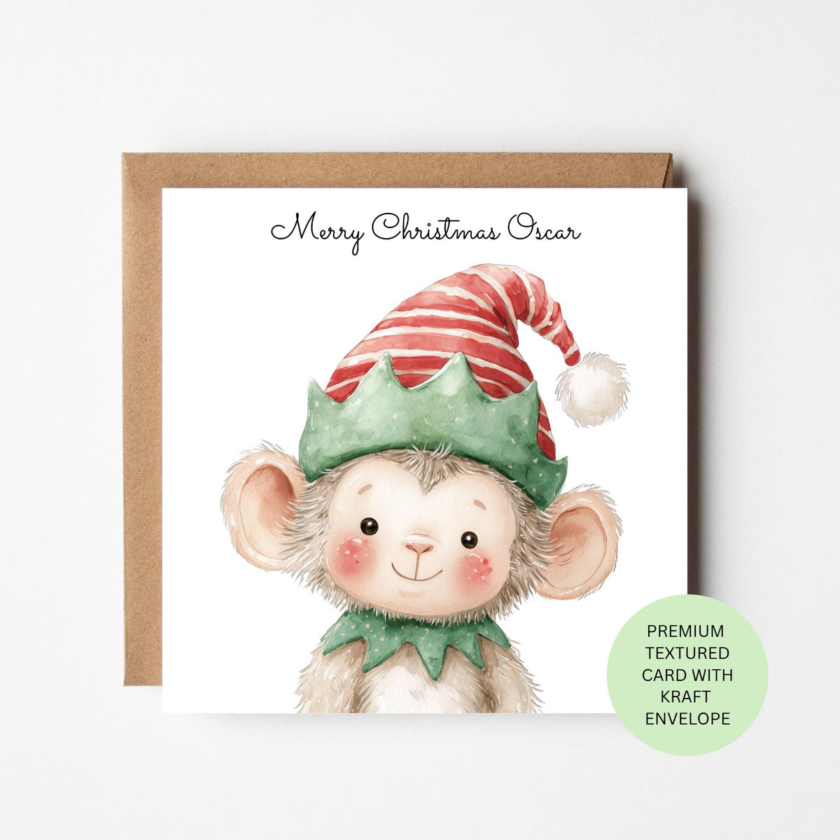 Personalised Monkey in a Christmas Elf Hat Card for Children