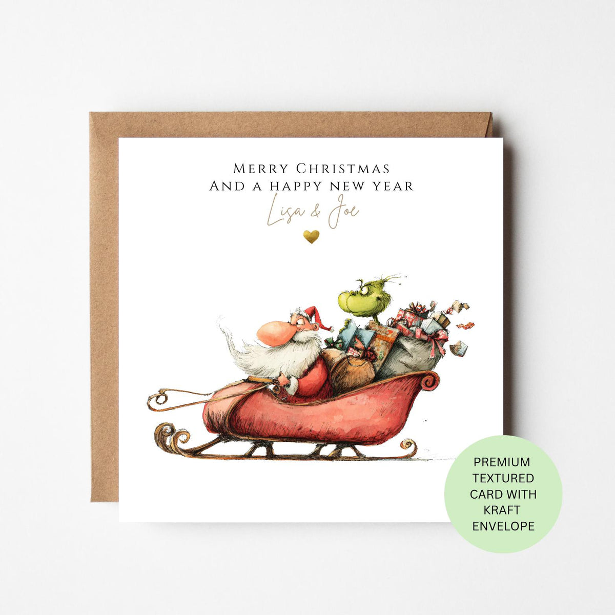 Personalised Santa and a Green Grouch in a Sleigh Christmas Card