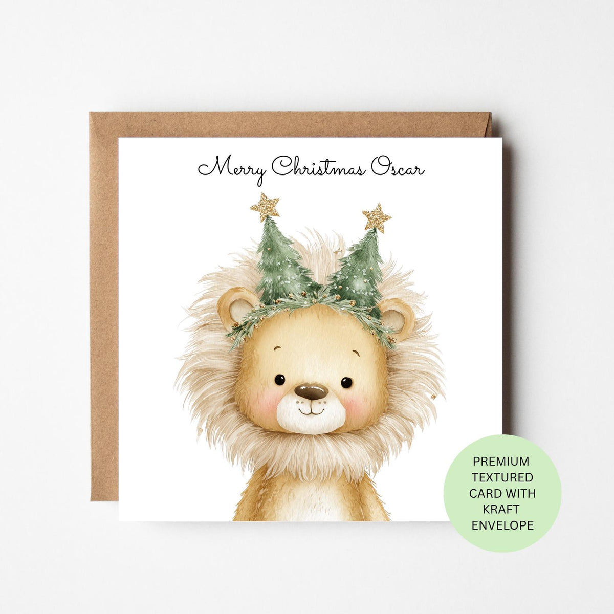 Personalised Lion Cub with Christmas Trees Card for Children