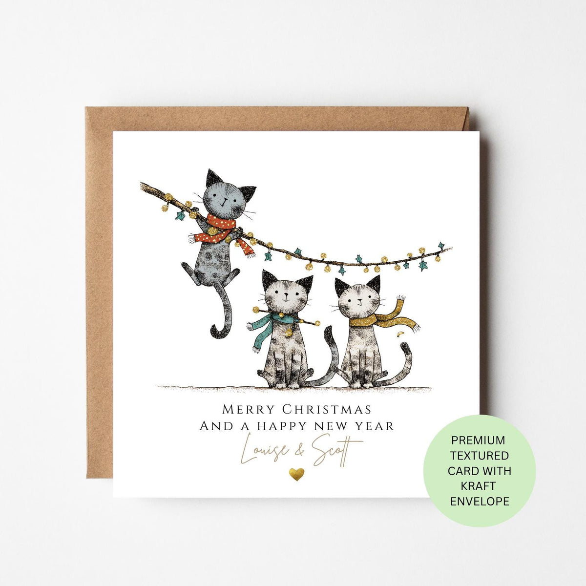 Personalised Cats Hanging Christmas Fairy Lights Card