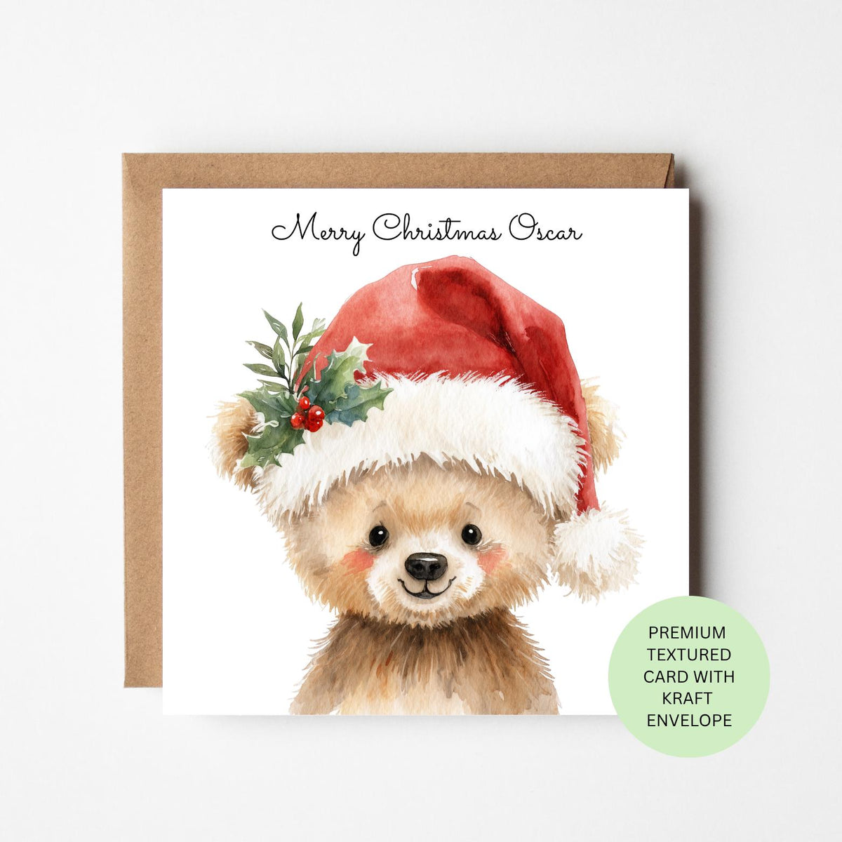 Personalised Teddy Bear in a Santa Hat Christmas Card for Children