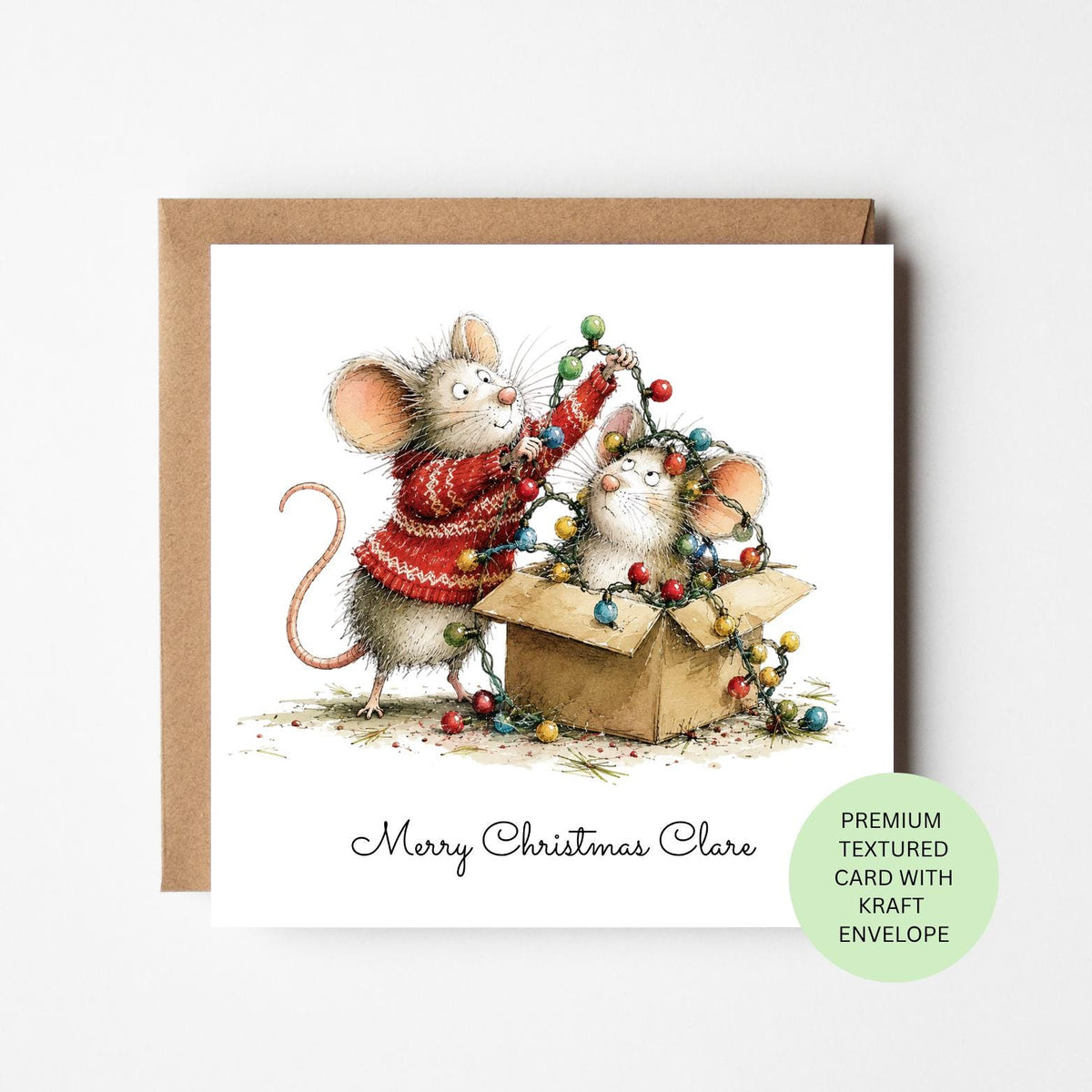 Personalised Mice Tangled in Christmas Lights Card