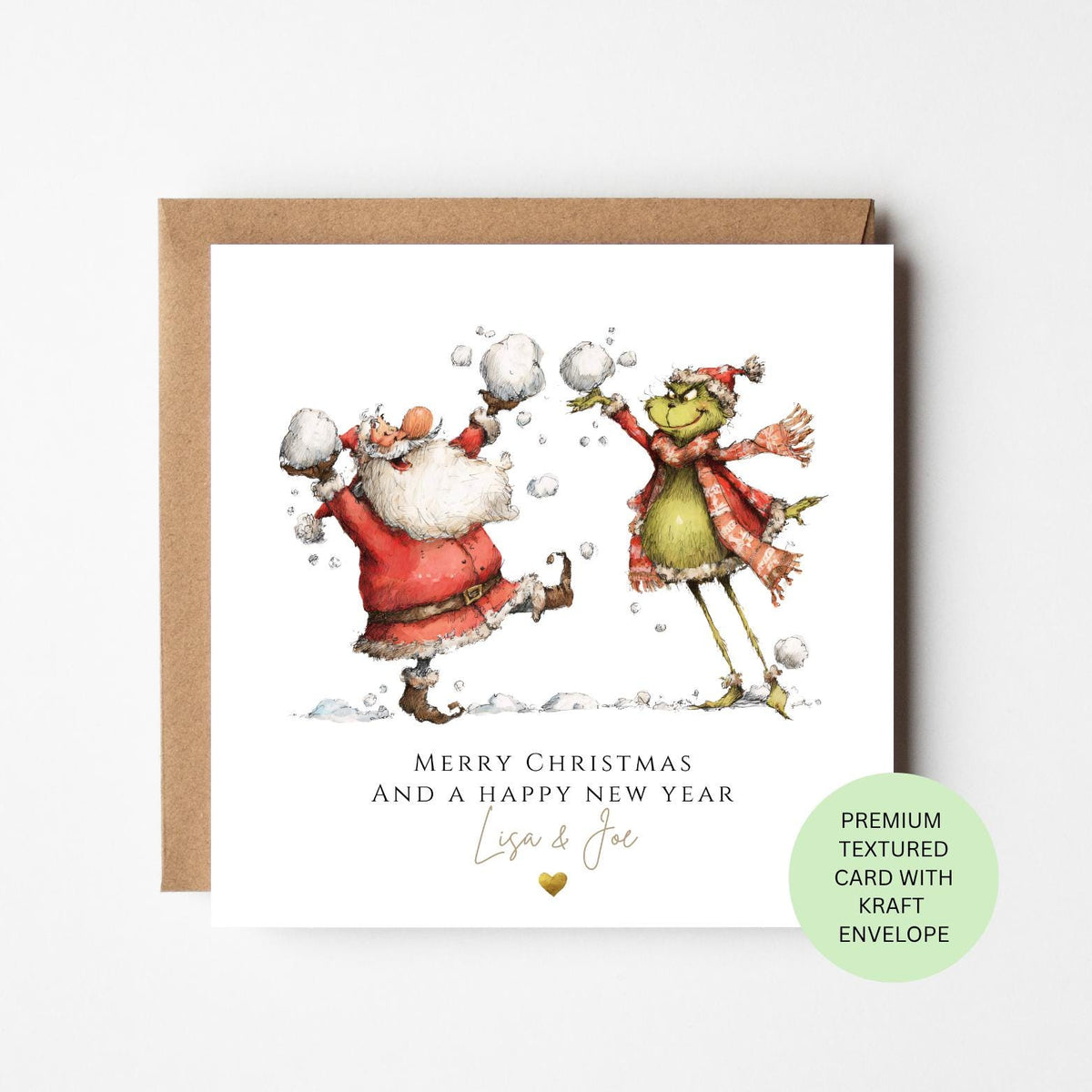 Personalised Santa and a Green Grouch Snowball Fight Christmas Card