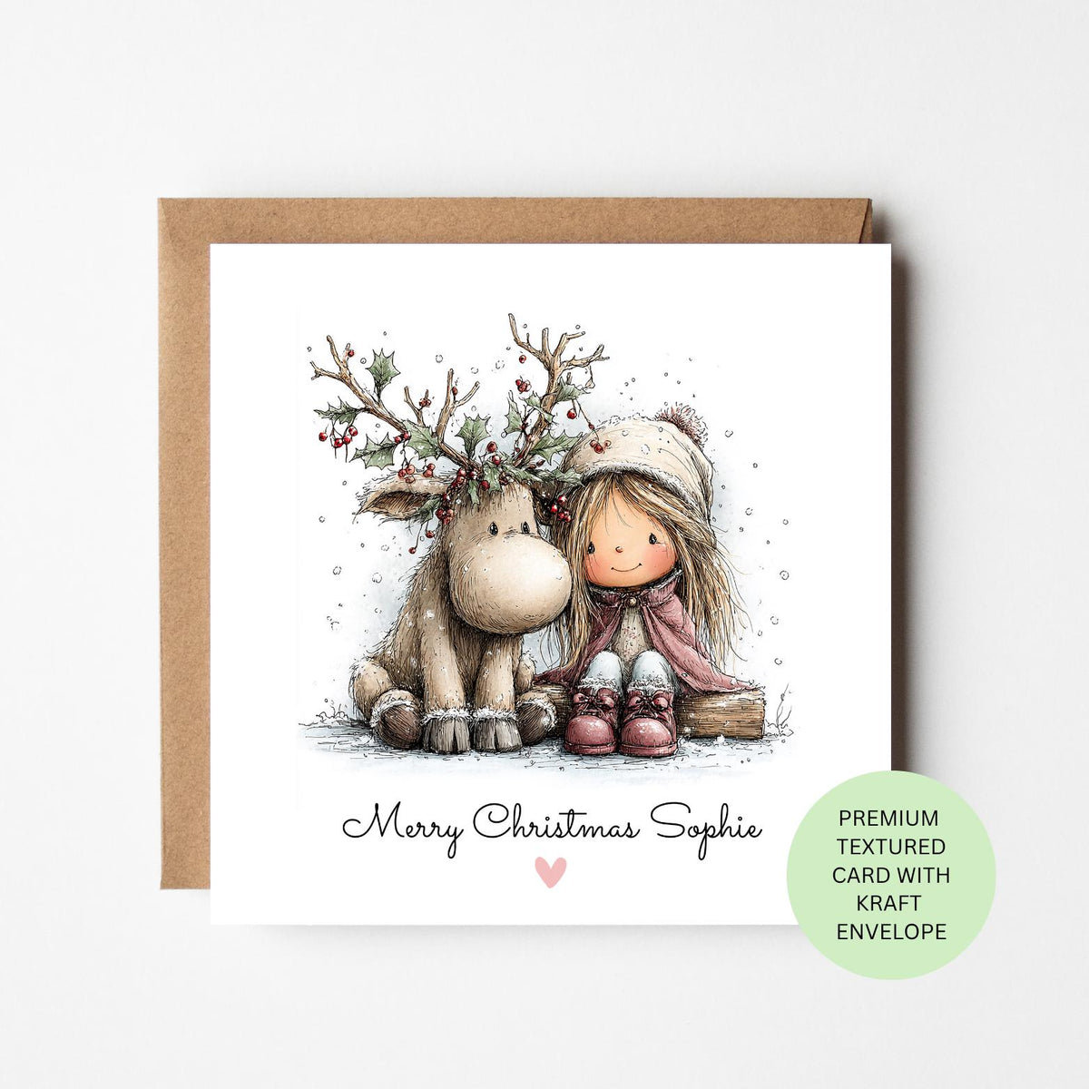 Personalised Girl Sitting with a Reindeer Christmas Card