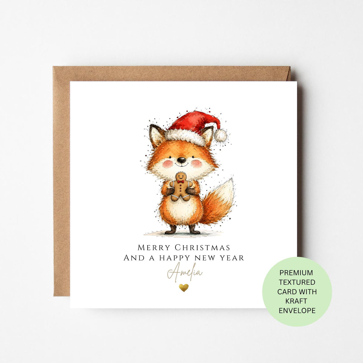 Personalised Fox with a Gingerbread Man Christmas Card for Children