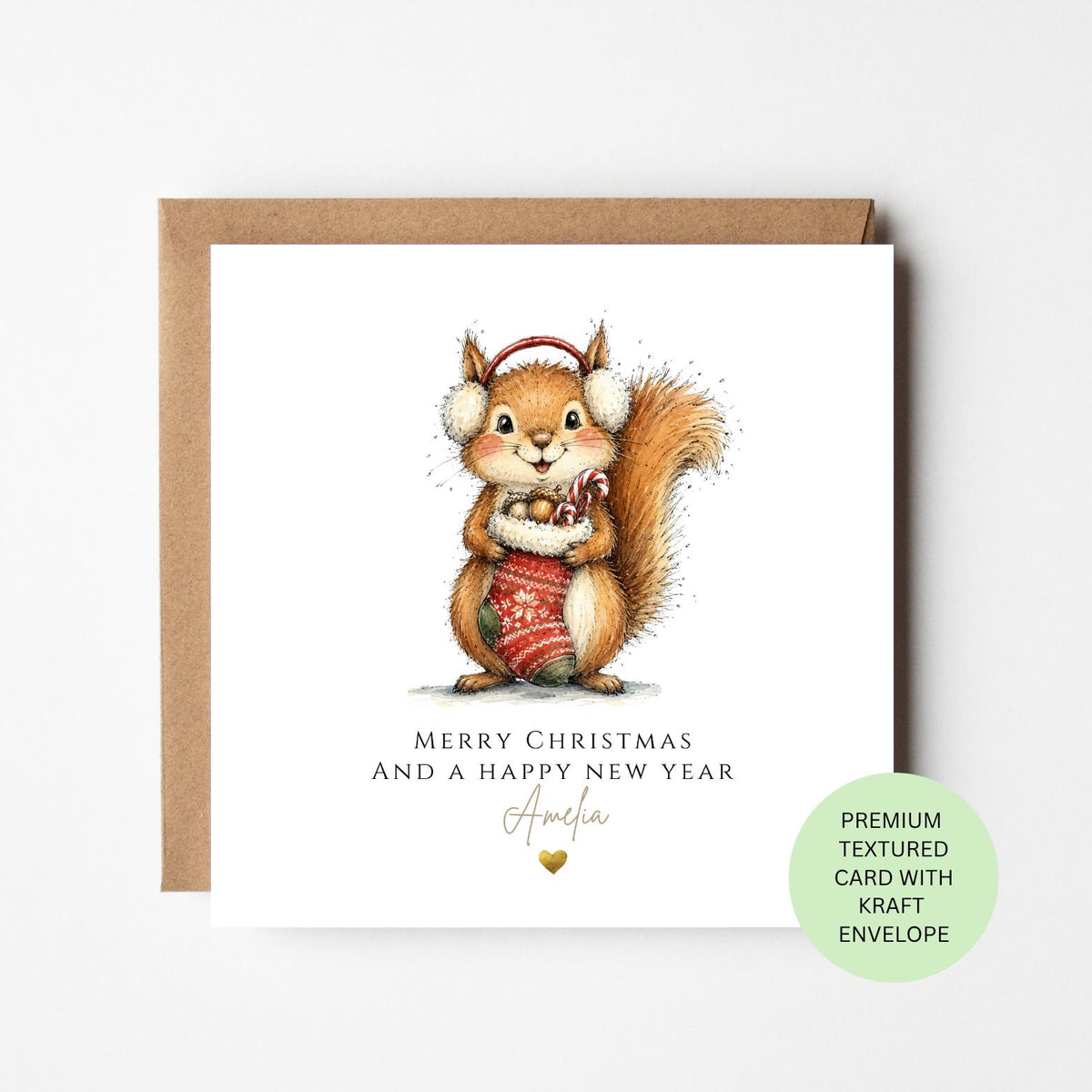 Personalised Squirrel with a Christmas Stocking Card for Children