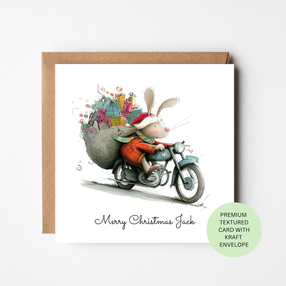 Personalised Rabbit Delivering Presents on a Motorbike Christmas Card