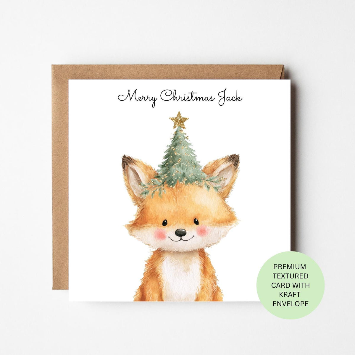 Personalised Fox with a Christmas Tree Hat Card for Children