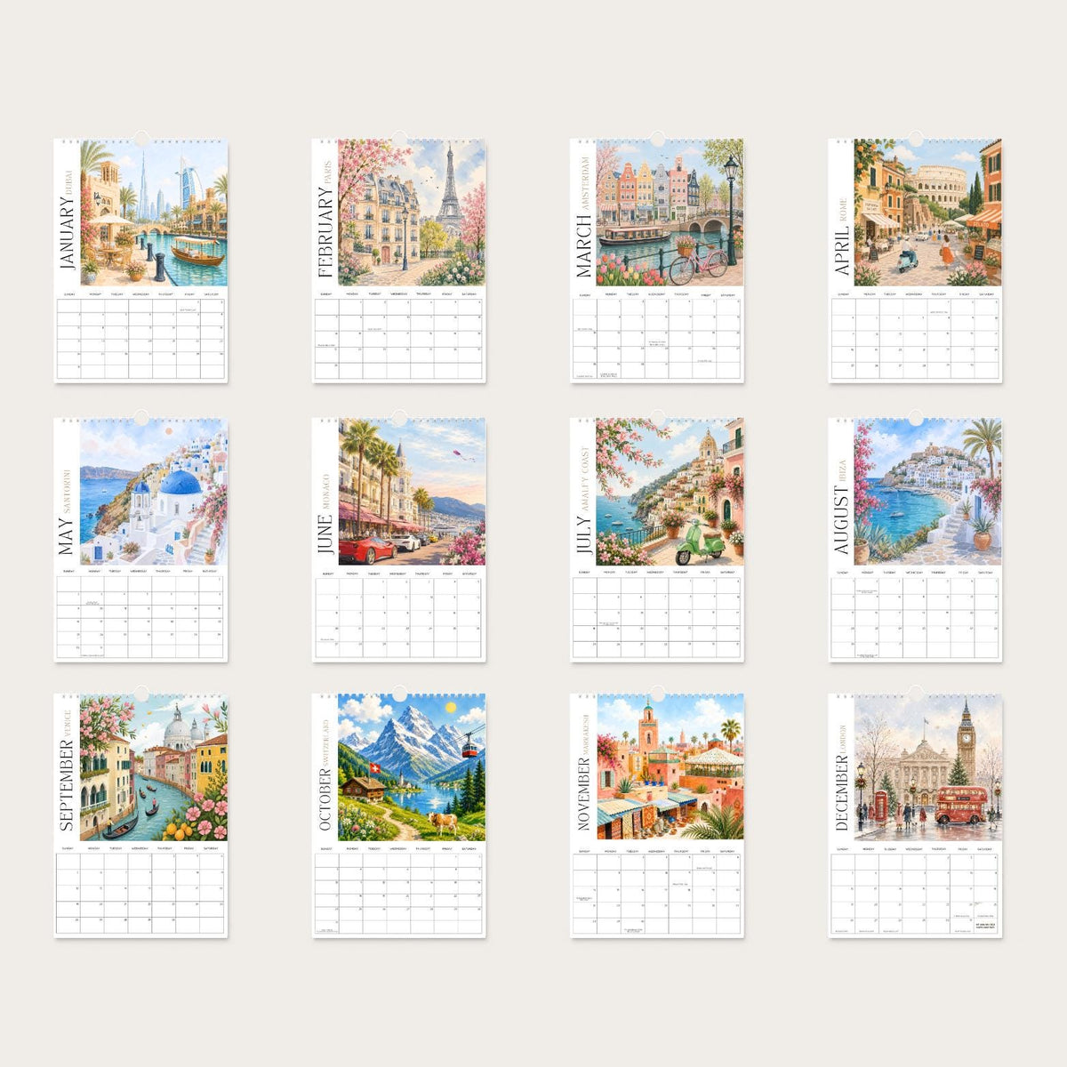 2027 Travel Wall Calendar: A4 World Cities Watercolour Art, Gift for Travellers