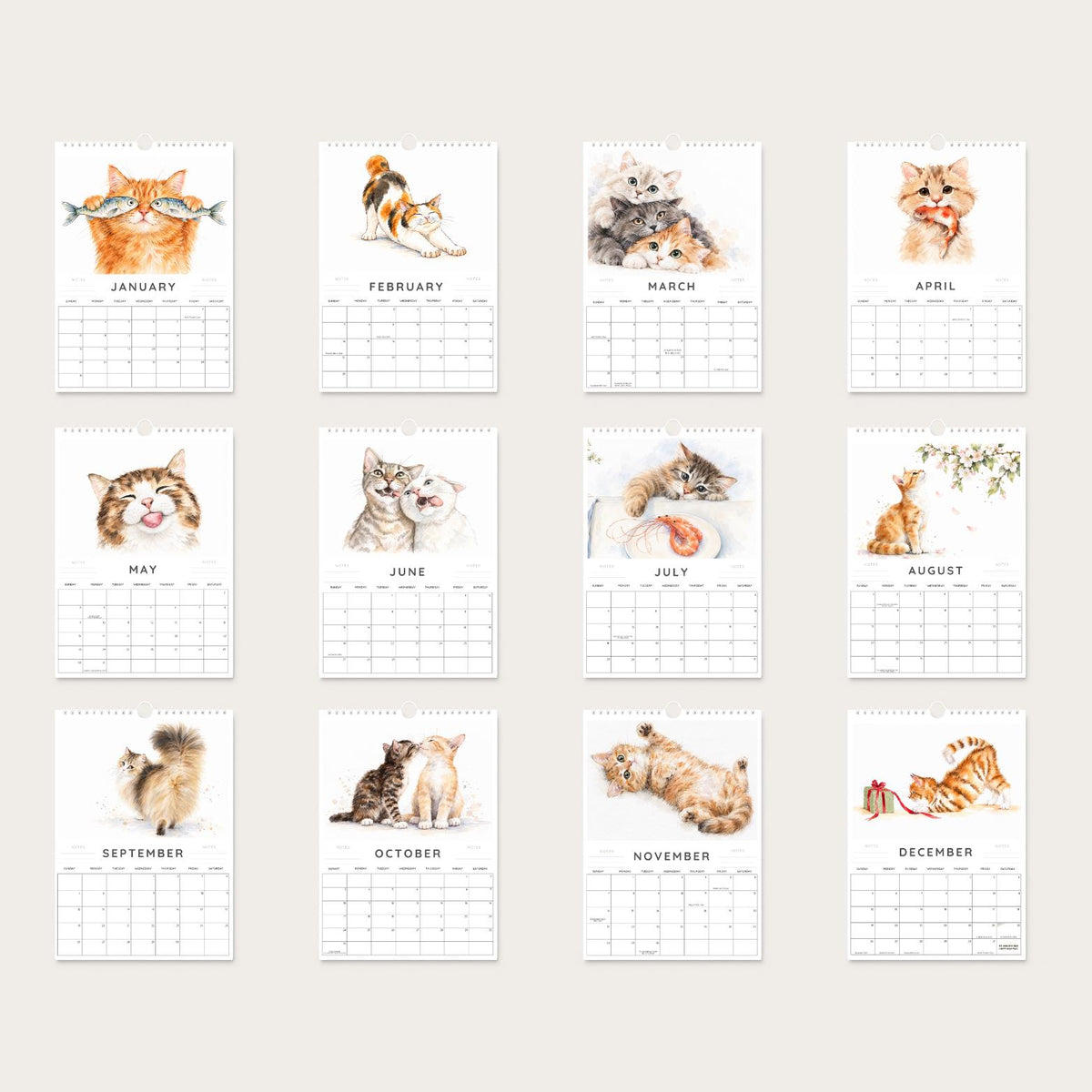 2027 Funny Cat Wall Calendar: A4 Quirky Watercolour Art, Gift for Cat Lovers