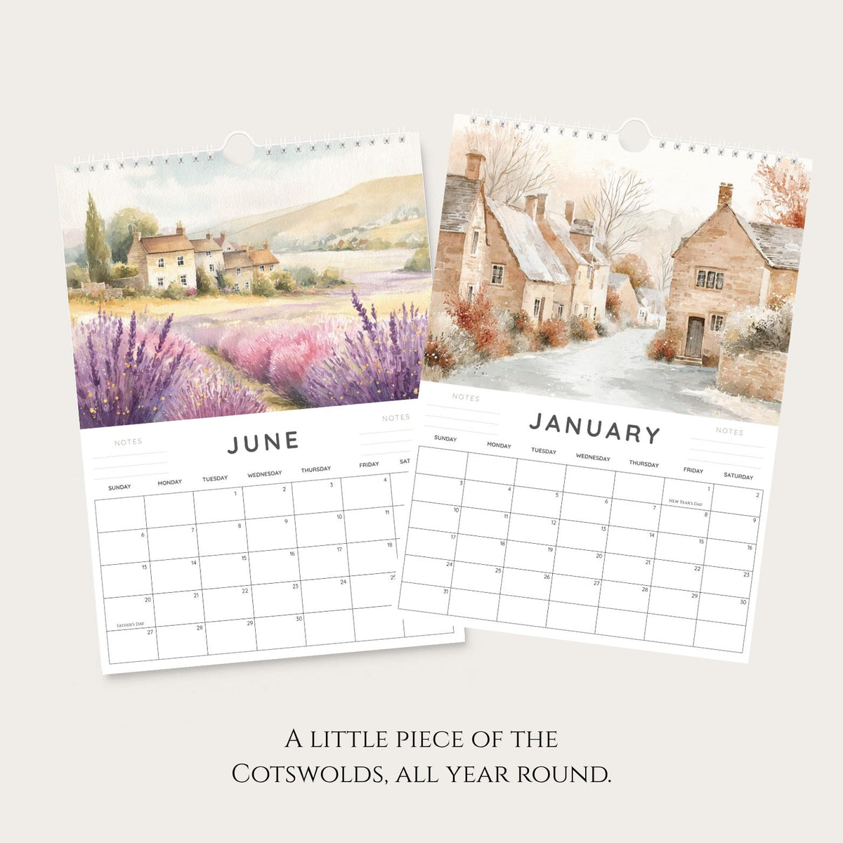 Cotswolds 2027 Watercolour Wall Calendar, A4 with UK Holidays