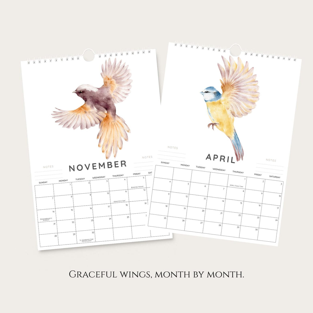 2027 A4 Birds in Flight Wall Calendar, Watercolour Nature Art