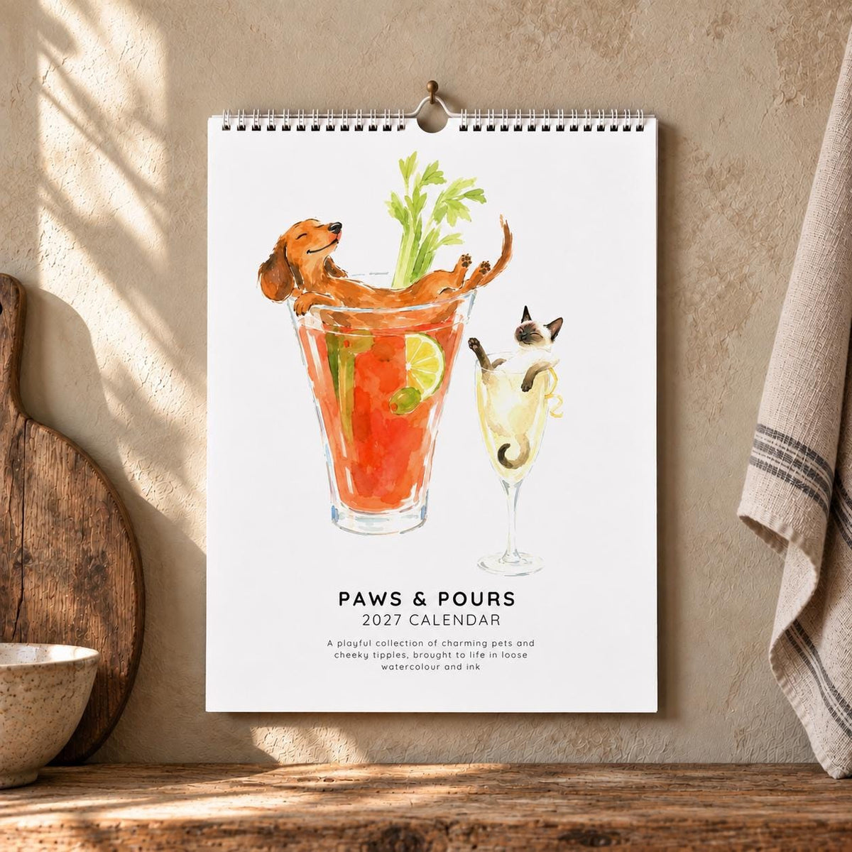 2027 A4 Dog & Cat Wall Calendar, Funny Cocktail Watercolour Art