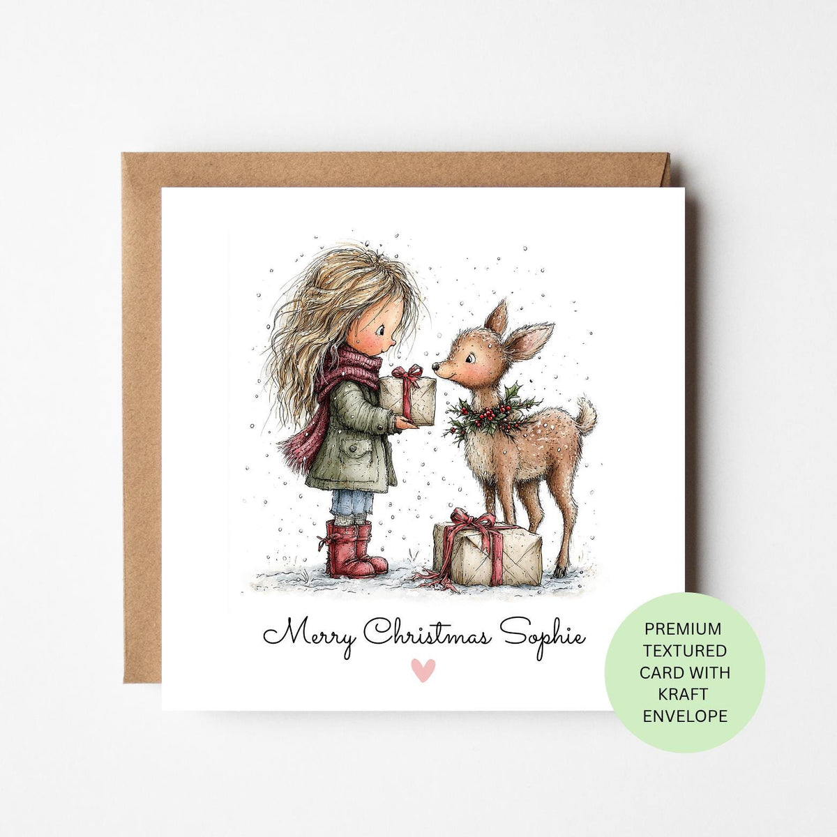 Personalised Girl Giving a Reindeer a Present Christmas Card