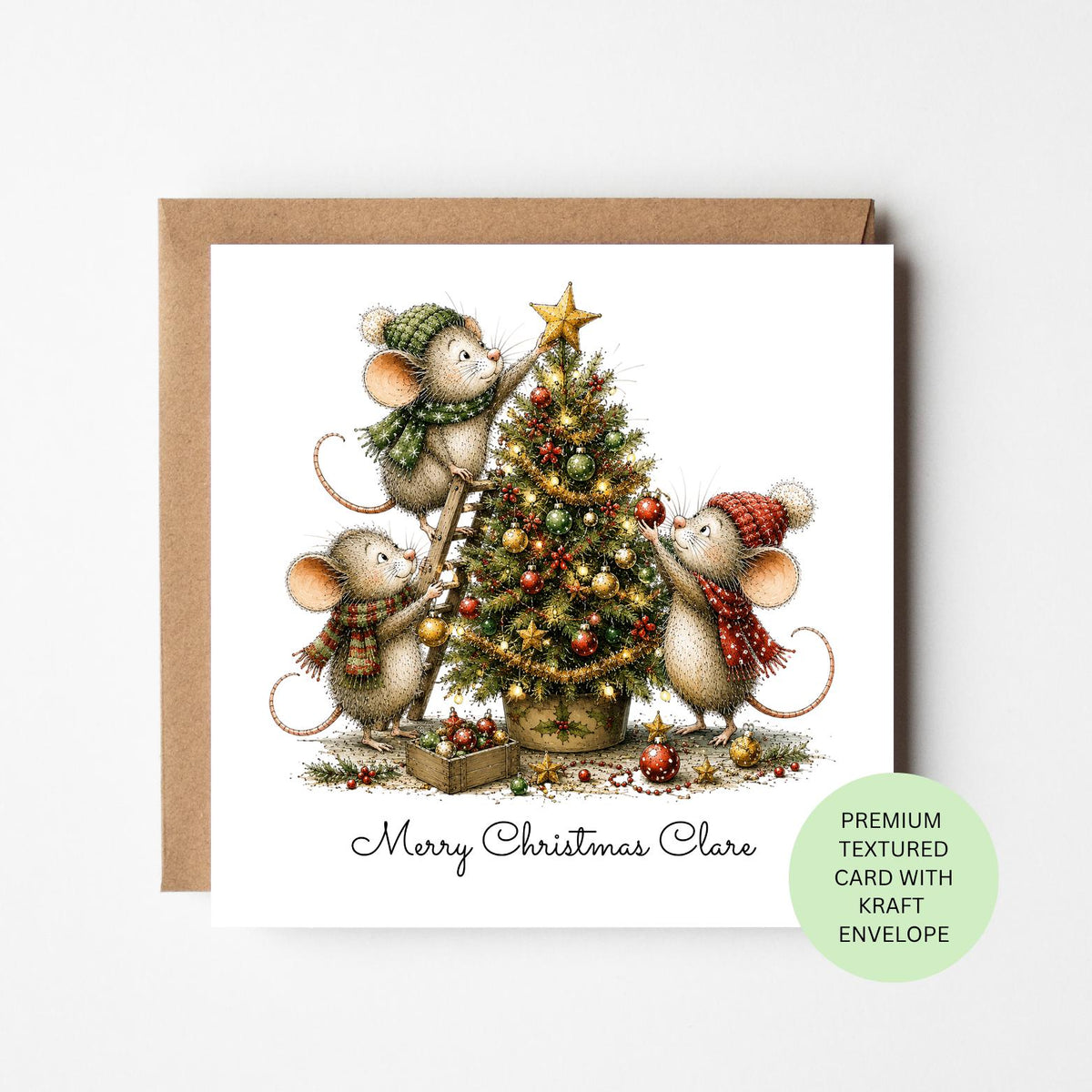 Personalised Mice Decorating a Tall Christmas Tree Card