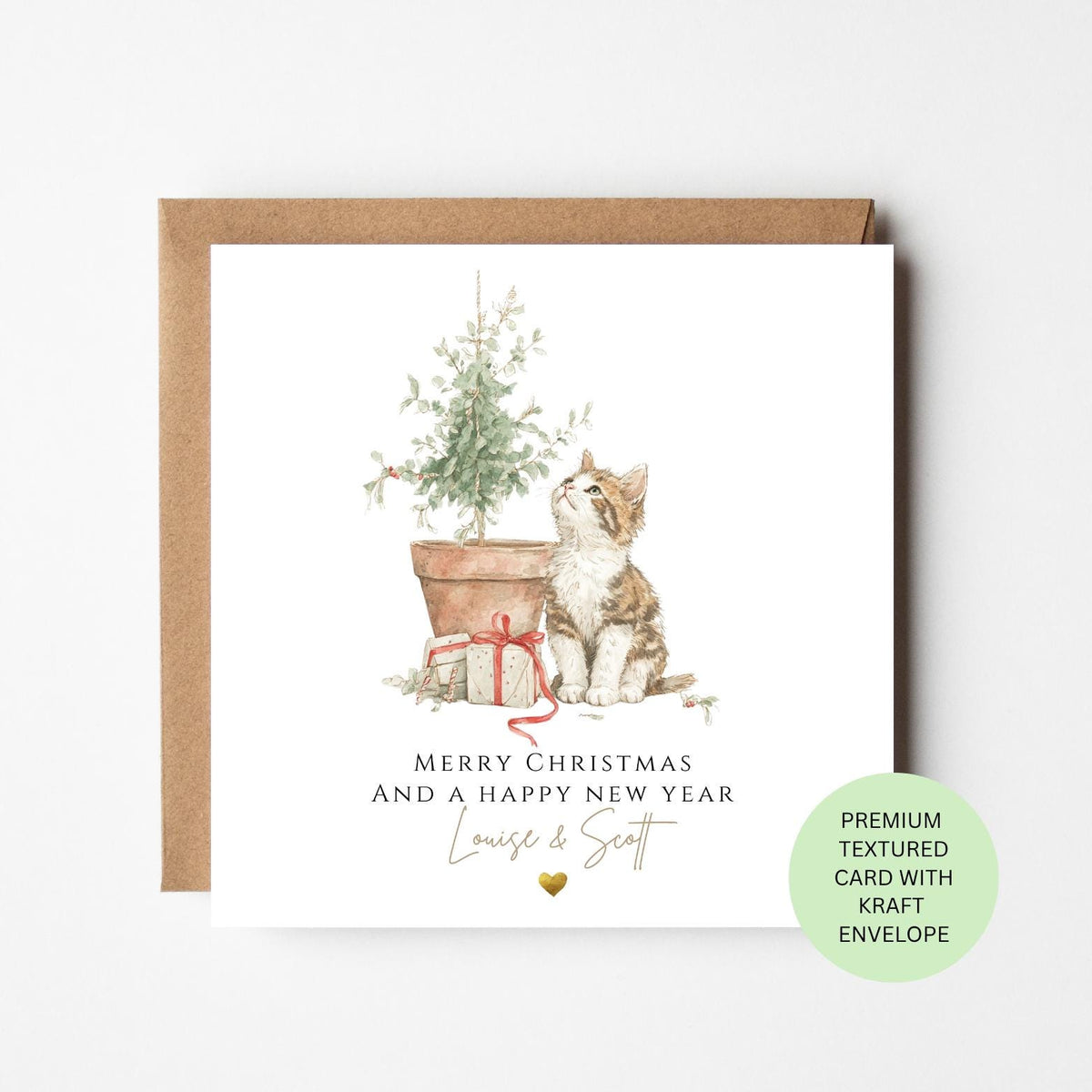 Personalised Tabby Cat with a Potted Christmas Tree Card